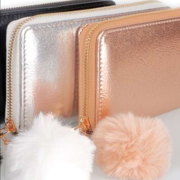 Elle Metallic Rose Gold Zipper Wallet w/ Pom Pom - Picture 4 of 6